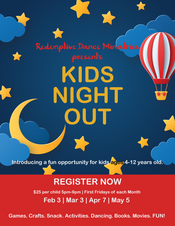 Children's event poster for Kids Night Out by Redemptive Dance Ministries with moon, stars, and hot air balloon, highlighting activities and registration details.